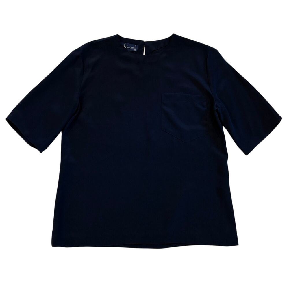 Vtg Ralph Lauren Blouse Womens 10 Blue 100% Silk Top Short Sleeve Old Money 90s